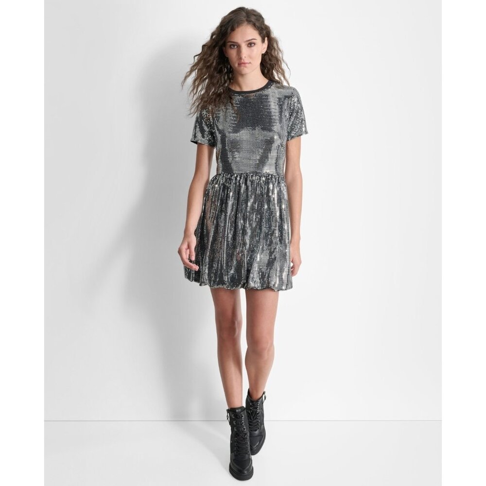 DKNY Women's Sequin Bubble Skirt Mini Dress Black Size L MSRP $179